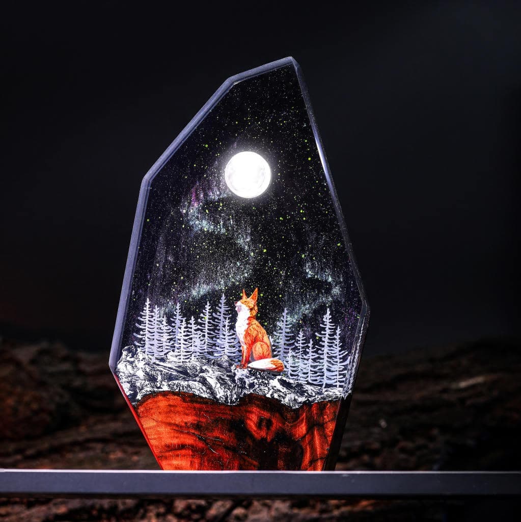 Aurora Borealis Fox Resin Lamp, Mountain Forest Lamp- Resinartgift