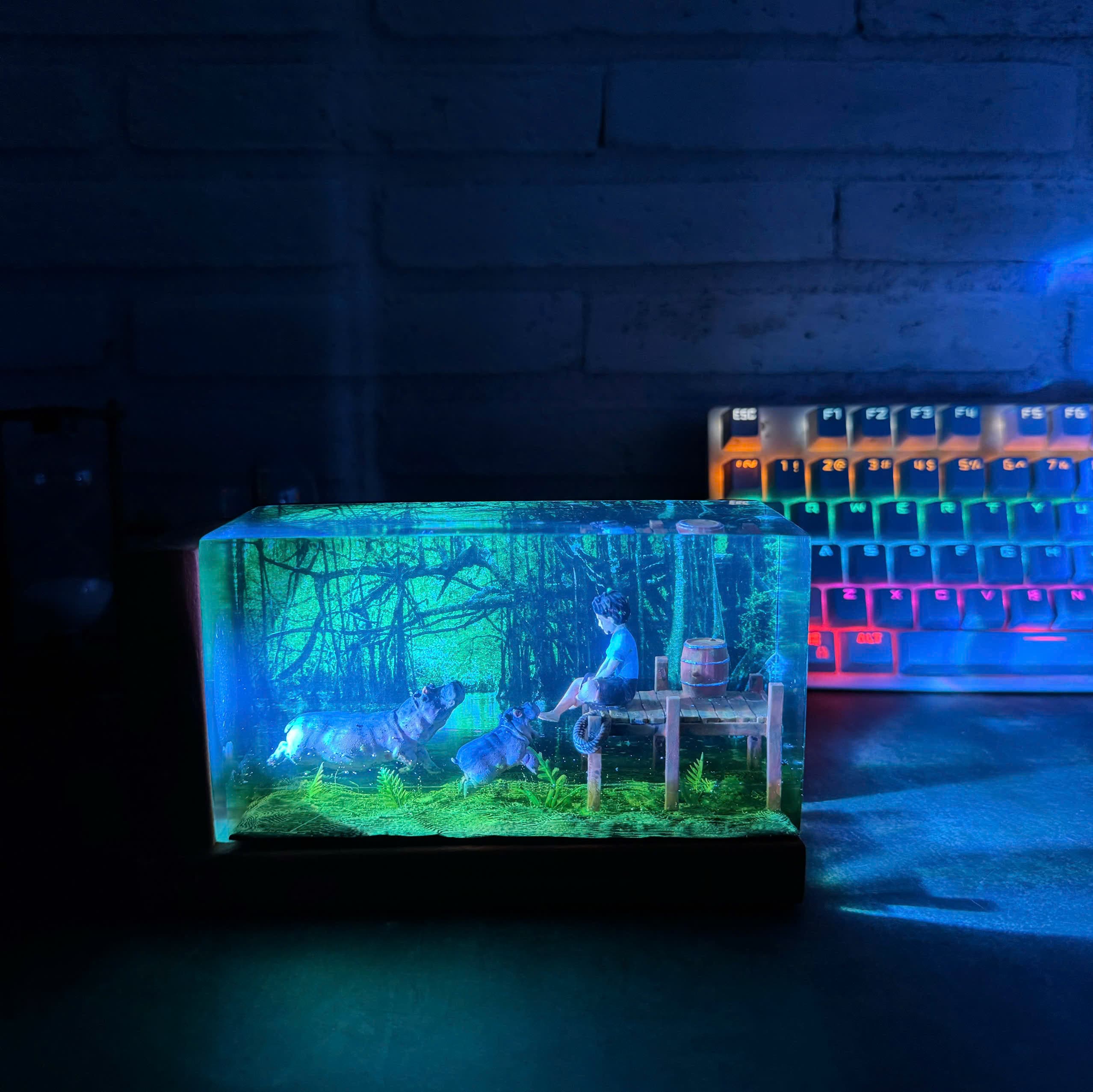Boy Playing with Hippos Resin Lamp, Anime Lamp - Resinartgift