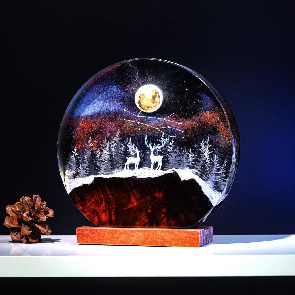 Deer In Enchanted Forest Resin Lamp, Mountain Forest Lamp - Resinartgift